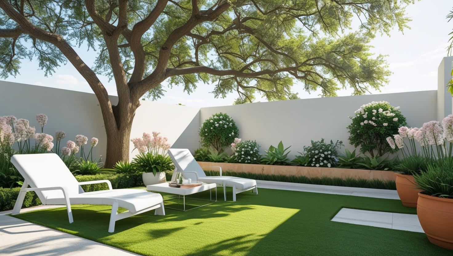 “Contemporary backyard featuring Hampton 38mm artificial grass, clean and vibrant green surface, garden furniture, decorative plants, soft shadows, sunny day, realistic landscaping photo.” (1)