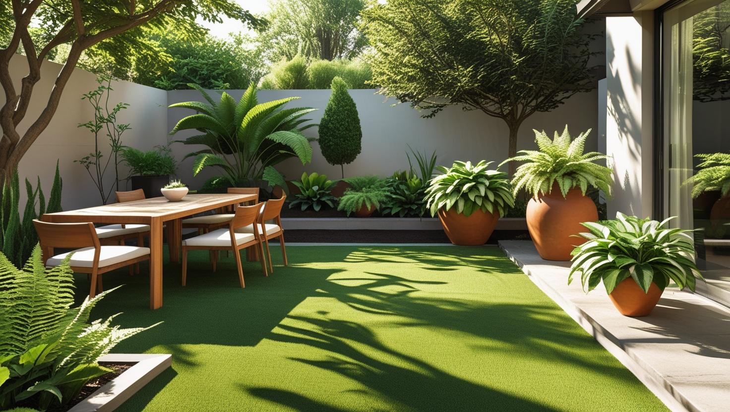 “Contemporary backyard featuring Hampton 38mm artificial grass, clean and vibrant green surface, garden furniture, decorative plants, soft shadows, sunny day, realistic landscaping photo.” (3)