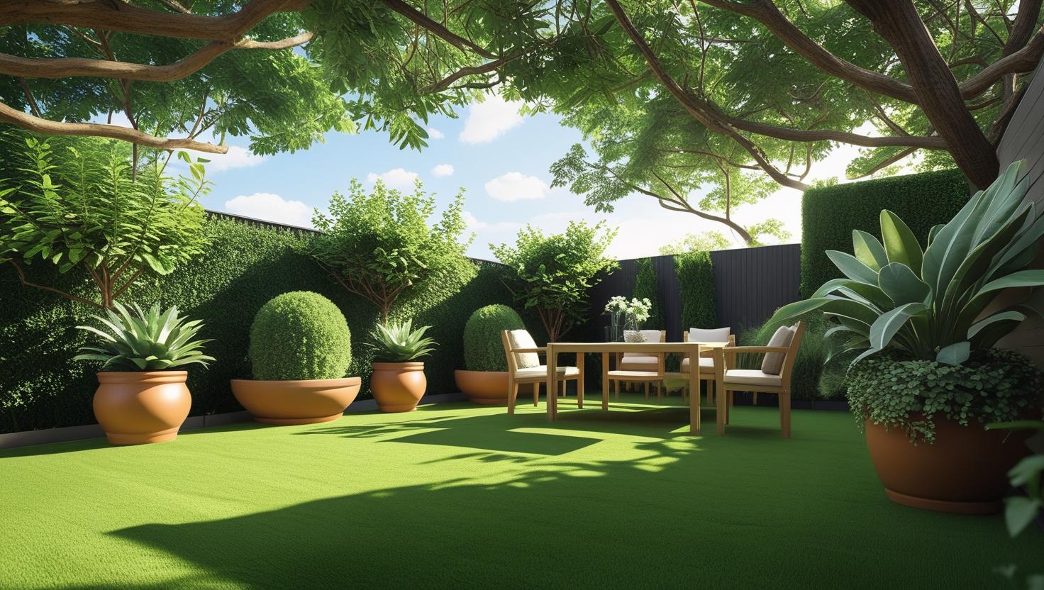“Contemporary backyard featuring Hampton 38mm artificial grass, clean and vibrant green surface, garden furniture, decorative plants, soft shadows, sunny day, realistic landscaping photo.”